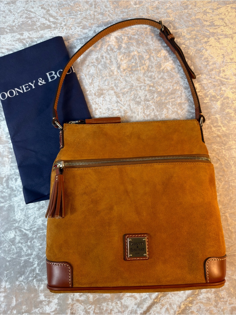Dooney & Bourke Suede Shoulder Bag with Brown Leather Trim